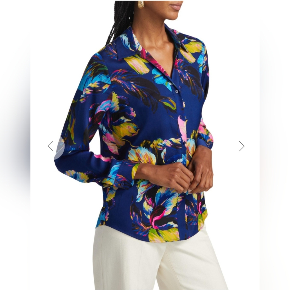 Elie Tahari Womens  The Madeline Silk-Blend Blouse, Blue - Picture 2 of 14